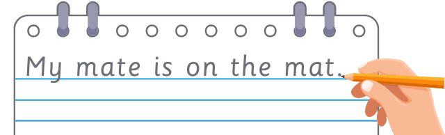 A hand with a pencil is writing on a piece of lined notebook paper attached to a clipboard. The words being written are 