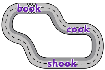a race track with words book, cook and shook placed along it