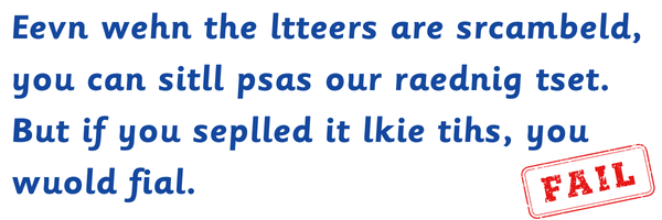 Reading vs spelling skills: A visual demonstration showing how scrambled letters are readable but incorrect spelling fails tests. Illustrates why strong readers aren't always strong spellers.